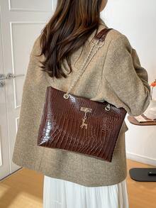 鳄鱼纹大容量手提包，女士大容量时尚链条单肩包，新款时尚腋下包，复古女士托特包 - 咖啡 - 查看 8