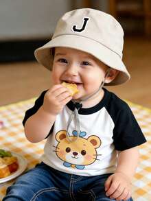 1pc Baby Letter A-Z Bucket Hat, Unisex Outdoor Sun Protection Panama Hat, Baby & Toddler Clothing Accessory - Beige - View 3