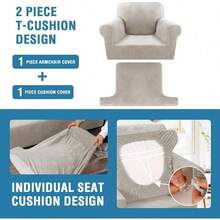Trugenix-Sofa Cover 2 Piece T Cushion Armchair Slipcovers Velvet Couch Cover Furniture Protector Stretch T Cushion Sofa Covers For 1 Cushion Couch With 1 Individual T Cushion Covers, Deep Teal-GP - Oatmeal - 查看 4