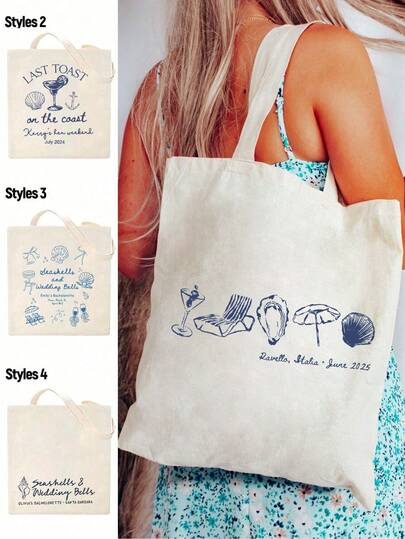 Túi tote dự tiệc độc thân trên bãi biển với họa tiết vỏ sò và chuông cưới, túi tote in địa điểm và tên riêng cho phù dâu, quà tặng đám cưới, túi tote dự tiệc độc thân hoặc đám cưới theo yêu cầu | Túi phù dâu ven biển | Túi chào mừng mùa hè | Quà tặng đám cưới trên bãi biển