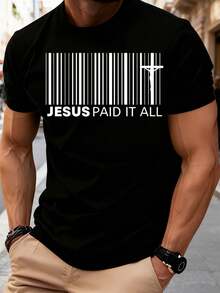 Men Jesus Paid It All Barcode Christian T-Shirt Religious Faith Statement Tee Church Wear Gospel Message Shirt Spiritual Gift For Him,220g - Black - View 1