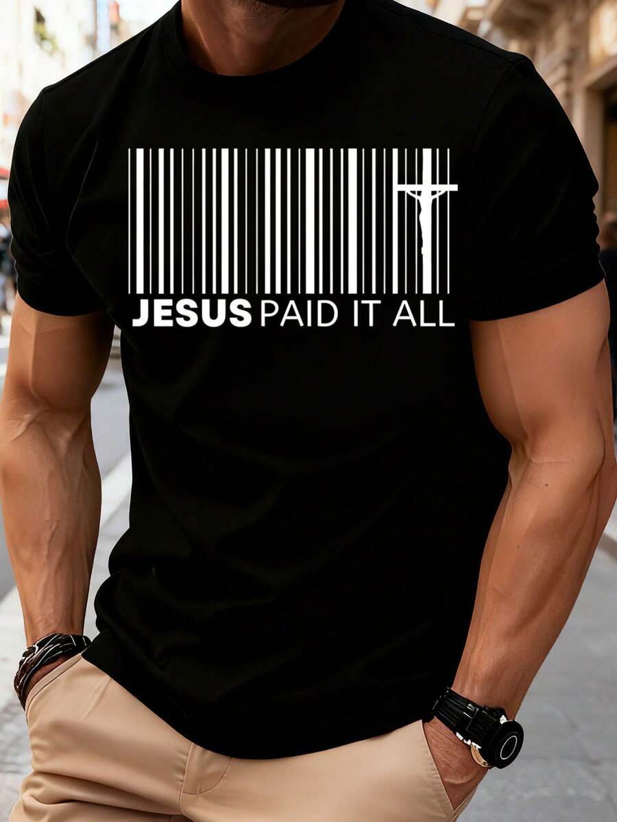 Men Jesus Paid It All Barcode Christian T-Shirt Religious Faith Statement Tee Church Wear Gospel Message Shirt Spiritual Gift For Him,220g - Black - View 1
