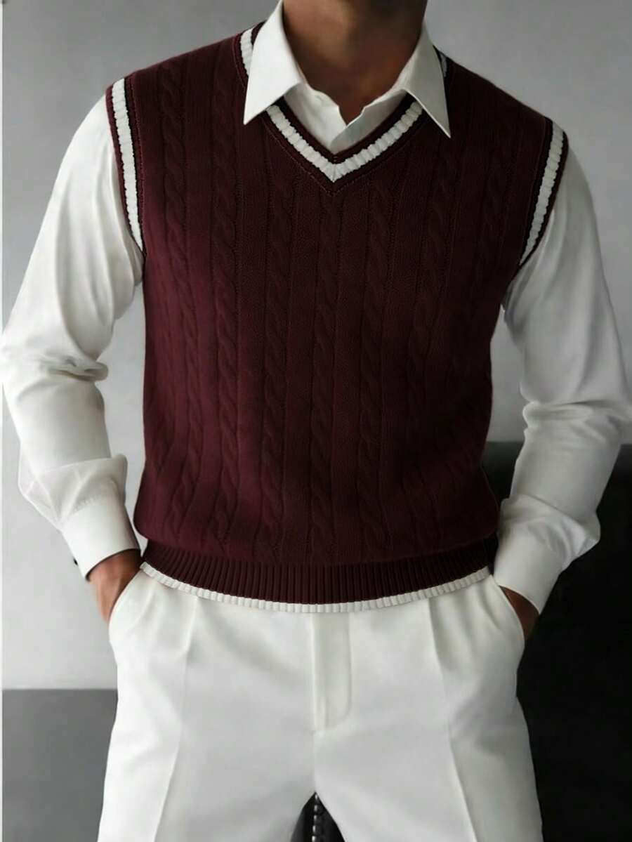 Men's Autumn/Winter Preppy Style Striped Colorblock Knit Vest, Casual Versatile Business Commute Sweater - Burgundy - View 1