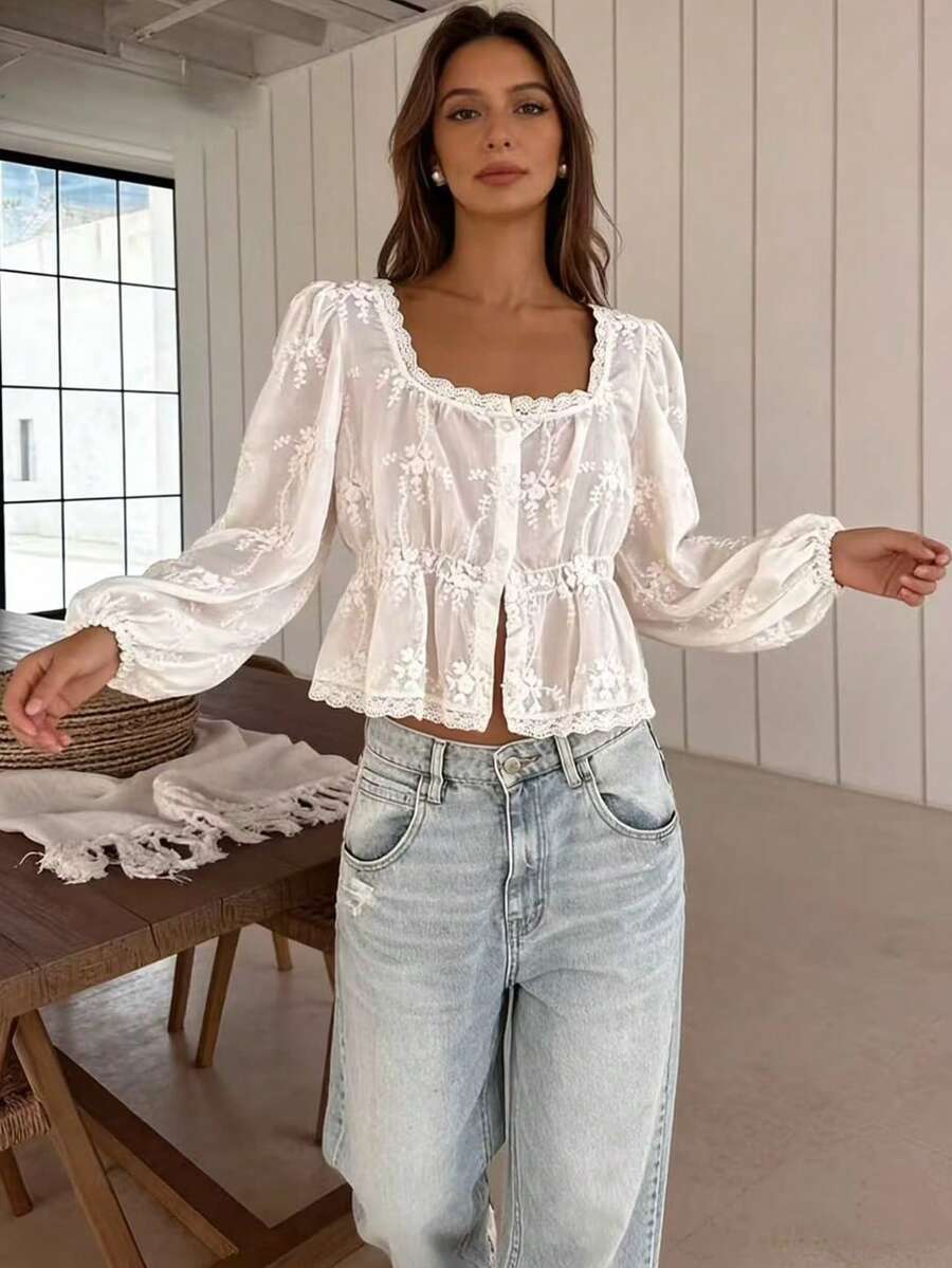 Women's Embroidered Lace Trim Casual Blouse White Summer - White - View 1