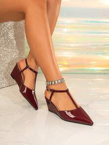 女士坡跟凉鞋，性感绑带高跟鞋 - 酒紅色 - 查看 5