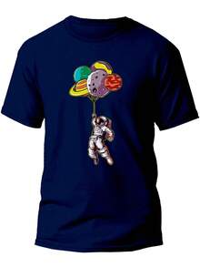 Men's And Women's T-Shirt, Unisex, Fashion Style, Printed Astronaut Floating With Balloons, Planets Style, Cheap, Stylish Men's And Women's Shirt - 100% Cotton, Promotion, Free Fast Shipping - 深藍色 - 查看 1