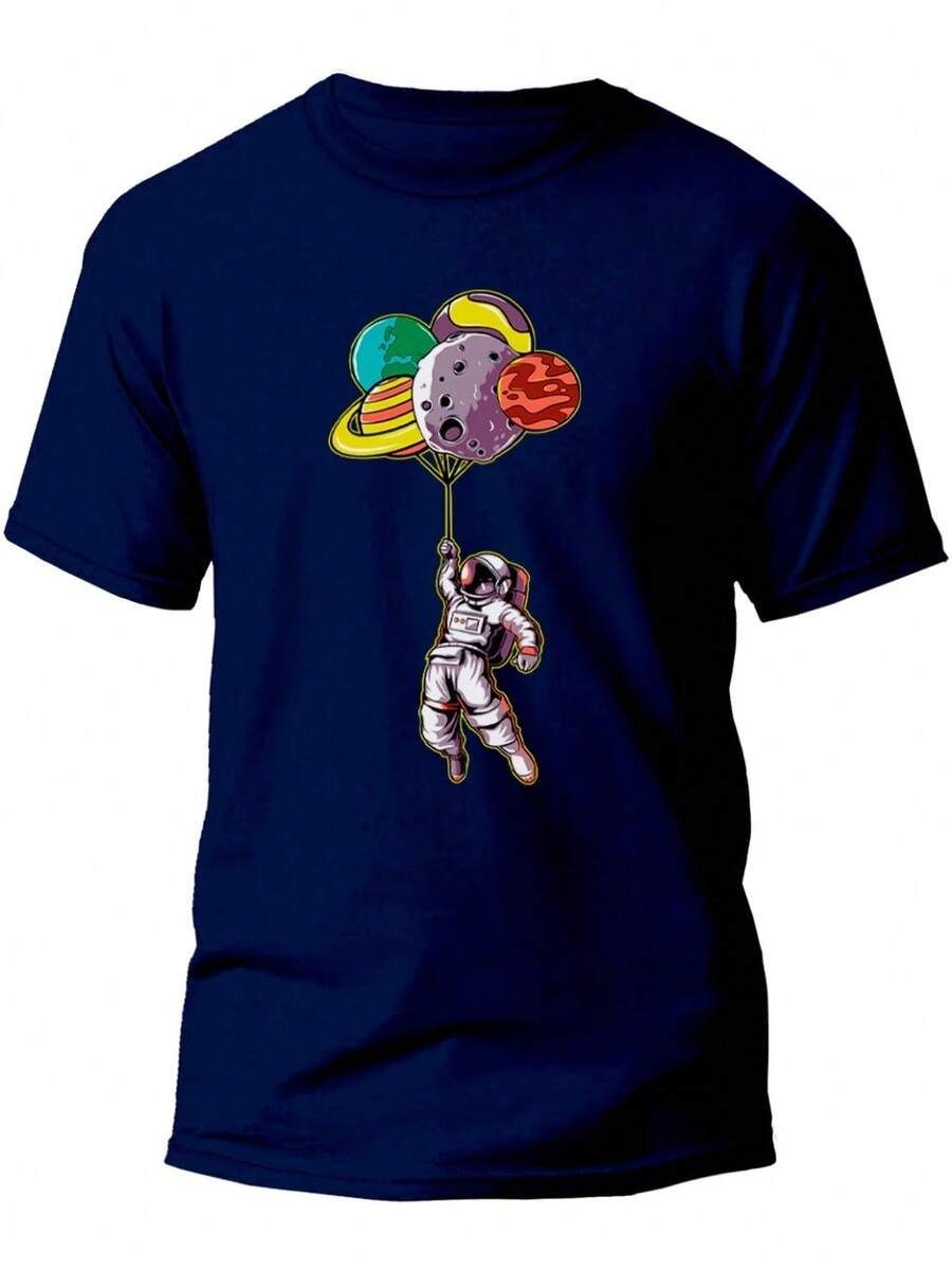 Men's And Women's T-Shirt, Unisex, Fashion Style, Printed Astronaut Floating With Balloons, Planets Style, Cheap, Stylish Men's And Women's Shirt - 100% Cotton, Promotion, Free Fast Shipping - 深藍色 - 查看 1