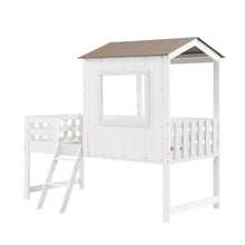 Children's Bed, Mid-Sleeper Bed, House Bed With Roof And Window, Four-Sided Fence, With Small Stairs, Free Storage Space Under The Bed, Pine + MDF + Plywood, White + Natural, 90x200cm - 白色 - 查看 7