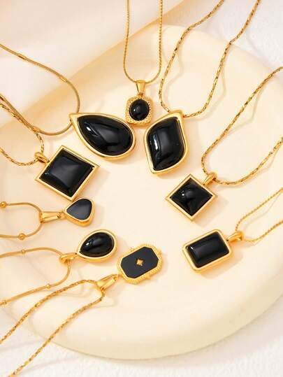 1pc Vintage Stainless Steel Necklace Pendant With Black Obsidian Element, Suitable For Women's Daily, Festival, Dating, Engagement, Wedding, Gift For Friends