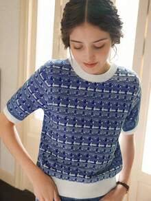 Knit Mix Áo thun nữ dệt kim thời trang thanh lịch, cổ tròn, tay ngắn, họa tiết hoa Pháp, dáng rộng, kiểu dáng cơ bản cho mùa xuân/hè, họa tiết ngẫu nhiên, phù hợp cho mùa tựu trường xuân/hè, cũng thích hợp cho trang phục thường ngày dịp Giáng sinh, Lễ Tạ ơn và Năm mới. - Xanh và trắng - Xem 5