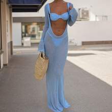 Women 2-Piece Bikini Swimsuits Solid Colors Ruched Bra And Elastic Thong Sets For Summer Beachwear Bathing Suit - 淺藍色 - 查看 4