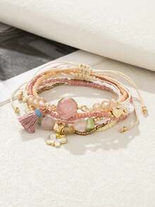8pcs Girls' Casual Versatile Handmade Bohemian Style Pearl Bracelets - Baby Pink - View 4