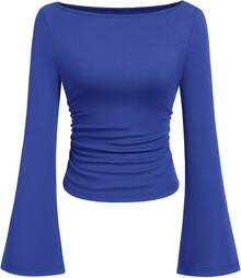 Womens Long Sleeve Shirts 2026 Spring Crop Going Out Tops Casual Boat Neck Sleeve Ribbed Ruched Y2K Clothes - Royal Blue - View 1