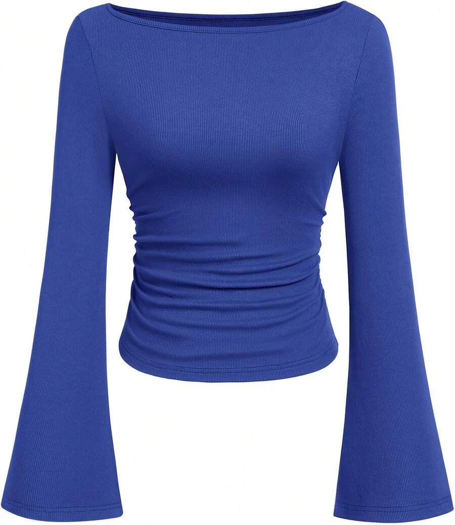 Womens Long Sleeve Shirts 2026 Spring Crop Going Out Tops Casual Boat Neck Sleeve Ribbed Ruched Y2K Clothes - Royal Blue - View 1