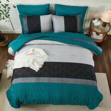 7 Piece Queen King Size Comforter Set Teal Blue Boho,Soft Bed In A Bag Bedding Sets Striped Comforters With Plaid Bed Set With Sheets For Wedding Items,Valentines Day Home Bed Room Decor,Easter Gifts,All Season - Teal Blue-1525 - View 3