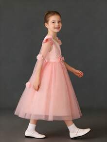 女童公主薄纱连衣裙，特殊场合派对礼服长款雪纺披肩领连衣裙，粉色无袖薄纱公主裙 - 粉色 - 查看 4