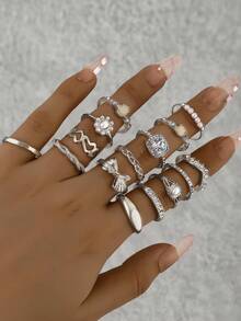 15pcs/Set European & American Ins Style Faux Gemstone, Pearl Flower, Geometric Crystal, Bow Design Ring Set - Silver - View 9