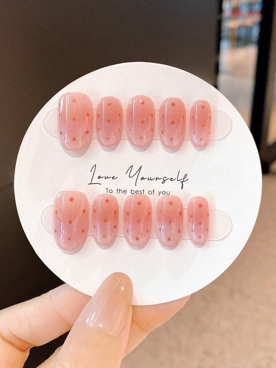 10片/套 手工短款按压式美甲贴片，夏季假指甲美甲用品，沙滩美甲长款美甲，适合女孩和女士，杏仁形，法式贴片，可重复使用，适合教师、学生、办公室、旅行、优雅商务休闲场合。