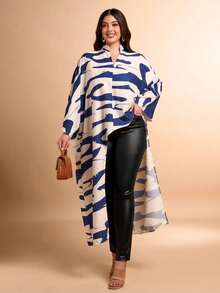 Women's Plus Size Allover Print Stand Collar V-Neck Solid Color High-Low Hem Ruffle Sleeves Asymmetric Hem Shirt(Random Print) - Multicolor - View 1