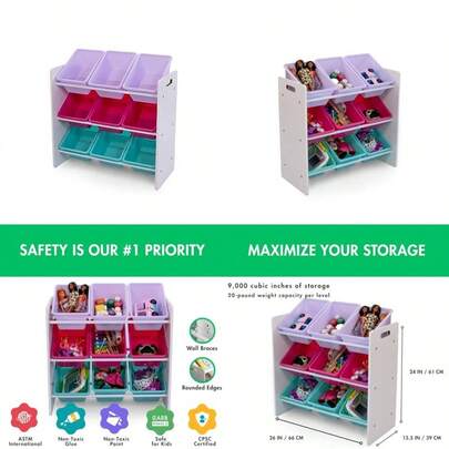 swfHumble Crew - Organizador de Juguetes de 9 Cubos para Siempre Natural Blanco/Rosa/purpura/Aguamarina solucion de Almacenamiento de 3 Niveles para Salas de Juegos y guarderias Infantilesawd