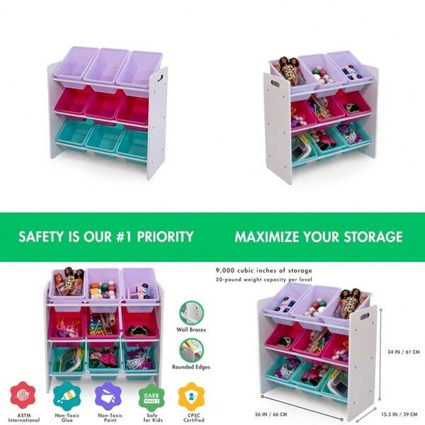 swfHumble Crew - Organizador de Juguetes de 9 Cubos para Siempre Natural Blanco/Rosa/purpura/Aguamarina solucion de Almacenamiento de 3 Niveles para Salas de Juegos y guarderias Infantilesawd