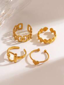 4件套不锈钢简约心形线条设计戒指套装，时尚百搭，适合女性日常佩戴，亦可作为节日礼物。