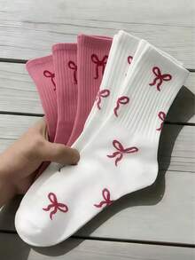 5双随机白色和粉色蝴蝶结装饰中筒袜，女士礼物，休闲，工作，情人节，斋月 - 彩色 - 查看 2