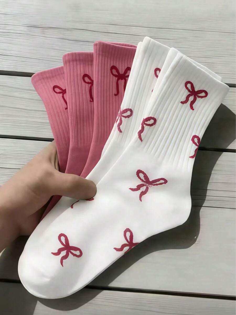 5双随机白色和粉色蝴蝶结装饰中筒袜，女士礼物，休闲，工作，情人节，斋月 - 彩色 - 查看 1