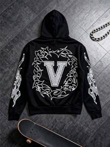 Mens Y2K Letter Print Zip Hoodie Oversized Streetwear Graphic Pullover Harajuku Style Jacket - 黑色 - 查看 5