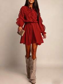 Women's New Elegant Fashionable Commuter Style Date Solid Color Ruffle Drawstring Long Sleeve Dress Spring - Dark Red - View 3