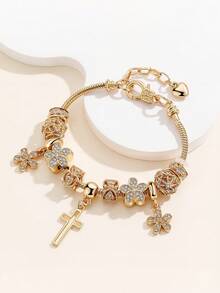 1pc Fashionable Heart, Cross, Floral Beaded Bracelet With Golden Tone Charm Pendant For Women - Yellow Gold - View 10