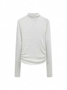 Turtleneck Long Sleeve T-Shirt, Elegant & Slim Fit Women's Top For Spring & Autumn - 037 White Flower Gray - View 9