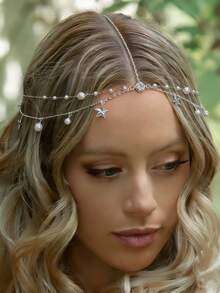 1pc Multilayer Crystal Pendant Headpiece, Elegant Minimalist Bridal Headband, Shiny Hair Accessory - Silver - View 1