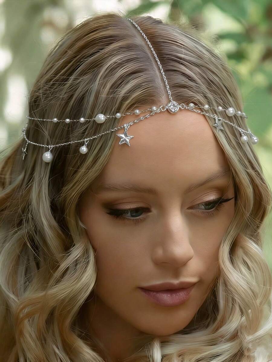 1pc Multilayer Crystal Pendant Headpiece, Elegant Minimalist Bridal Headband, Shiny Hair Accessory - Silver - View 1