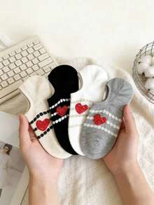 4双装女士纯棉薄袜，新款心形船袜，韩版涂鸦条纹防滑透气隐形袜，随机发货 - 彩色 - 查看 1