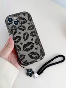 奶油质感透明黑色唇形爱心彩绘腕带防震手机壳，兼容 14、14 Pro、14 Pro Max、13、13 Pro、13 Pro Max、11、11 Pro Max、12、12 Pro、12 Pro Max、XR、XS、15、15 Pro、15 Pro Max、16、16 Pro、16 Pro Max、17、17 Pro、17 Air、17 Pro Max，高级防摔手机壳 - 彩色 - 查看 3