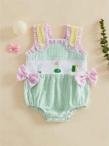 Newborn Infant Baby Girl Golf Outfit Smocked Bubble Romper Ruffle Sleeveless Bow Bodysuit Cute Summer Clothes - màu xanh lá - Xem 1