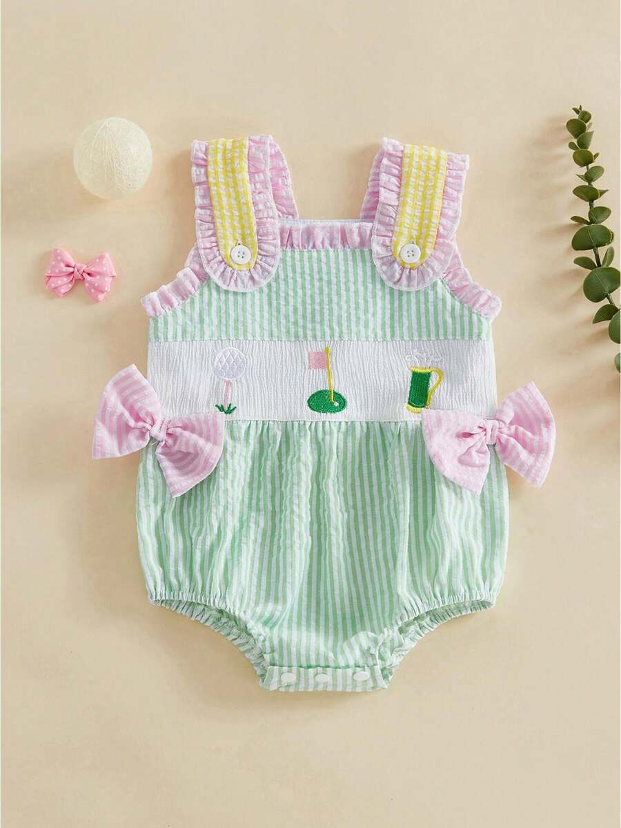 Newborn Infant Baby Girl Golf Outfit Smocked Bubble Romper Ruffle Sleeveless Bow Bodysuit Cute Summer Clothes - màu xanh lá - Xem 1