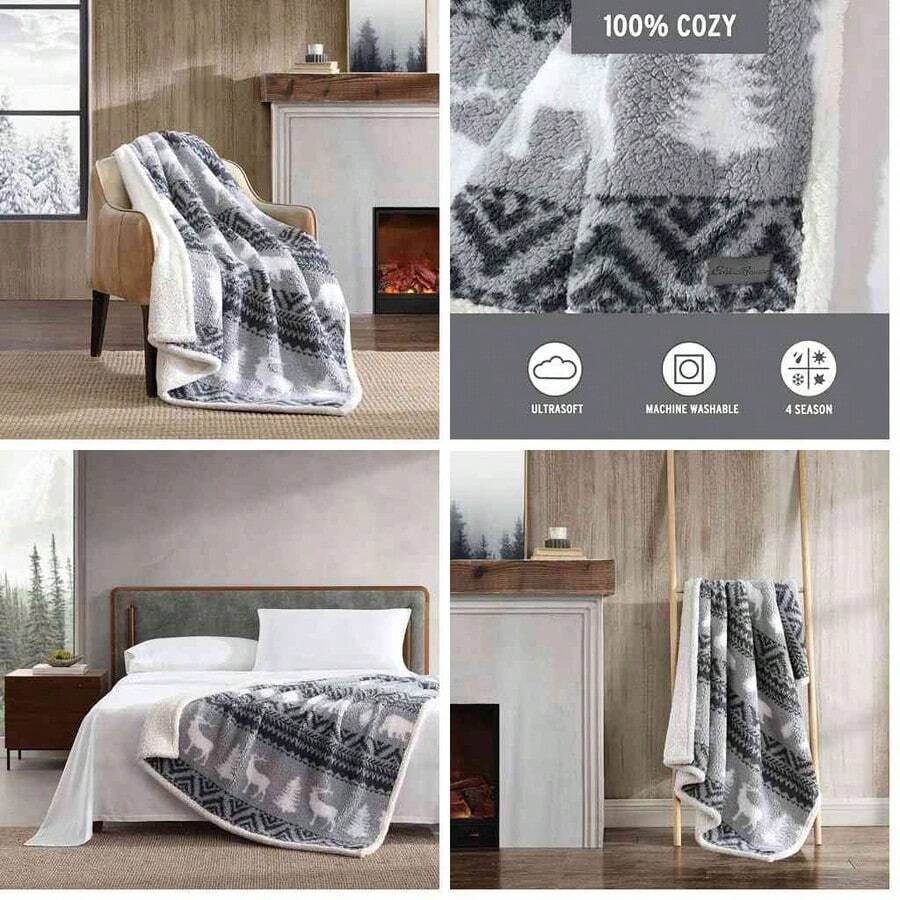 Eddie Bauer- Manta de Felpa Ultra Suave, decoracin del hogar, Ropa de Cama Reversible para Todas Las Estaciones (Woodland Fair Isle Grey, 50 x 60) - Manta+Woodland Fair Isle Gris/Blanco - Ver 1