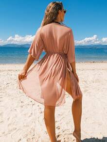 轻盈纯色半透明系腰沙滩罩衫 - 摩卡棕 - 查看 5