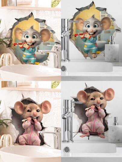 Cartoon 3D Mauseloch Wandaufkleber zum Abziehen und Aufkleben, süße Maus beim Zähneputzen dekorative Wandsticker, lustige Tiersticker für Kinder - Kinderzimmer Schlafzimmer Haus Kinderzimmer Dekoration Lustiges Geschenk