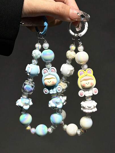 1pc Lolita Cartoon Cat Phone Strap Keychain, DIY Beaded Keychain Pendant, Bag Charm, Keychain Accessory, Car Keychain, Couple Pendant, Suitable As Gift For Family, Couples, Friend, Birthday, Party