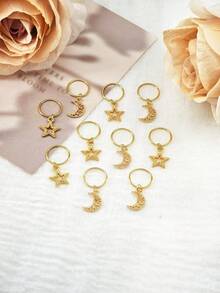 10个/套 星月图案发圈，独特金色发饰，适合化妆和派对 - 金色 - 查看 5