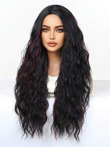 时尚长款波浪卷发假发，女士款 - 红色渐变，高温丝材质，可调节帽围，适合所有肤色，浓密卷发，无蕾丝高温丝全头假发，适合日常佩戴 - 挑染紅色 - 查看 4