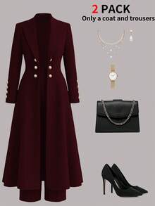 Women's Elegant Commuter 2 Pieces Set, Burgundy Long Waist-Cinched Vintage British Double-Breasted Coat Paired With Simple Casual Straight-Leg Pants, Spring - Burgundy 18 - View 3