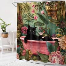 趣味黑猫浴帘，亮粉色牡丹花卉图案，可爱动物造型，复古丛林热带树叶植物浴室帘套装，复古浴室配件装饰，家居、酒店、度假、礼品皆宜 - 彩色 - 查看 2
