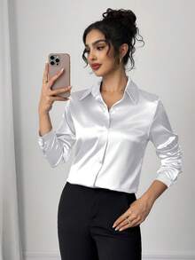 Elegant Collared Front Button Faux Silk Satin Satin Long Sleeve Women Blouse, Suitable For Daily Commute - White - View 5