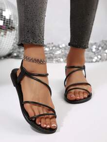 Women's Slip-On Criss-Cross Flat Sandals With Round Toe, Slip-On, Suitable For Summer, Beach, Ramadan - Black - View 5