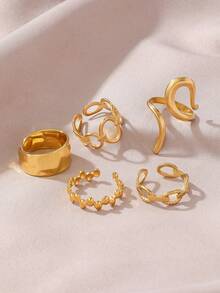 5pcs Stainless Steel Fashionable Leaf Geometric Pattern Open Rings, Suitable For Women's Daily Wear - Yellow Gold - View 2