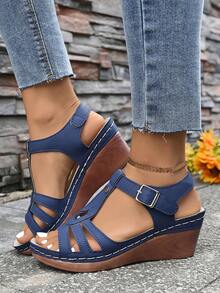 女士新款夏季休闲复古镂空百搭时尚防滑透气木纹鞋底藏蓝色凉鞋，带搭扣和魔术贴，坡跟中跟拖鞋 - 藏蓝色 - 查看 3